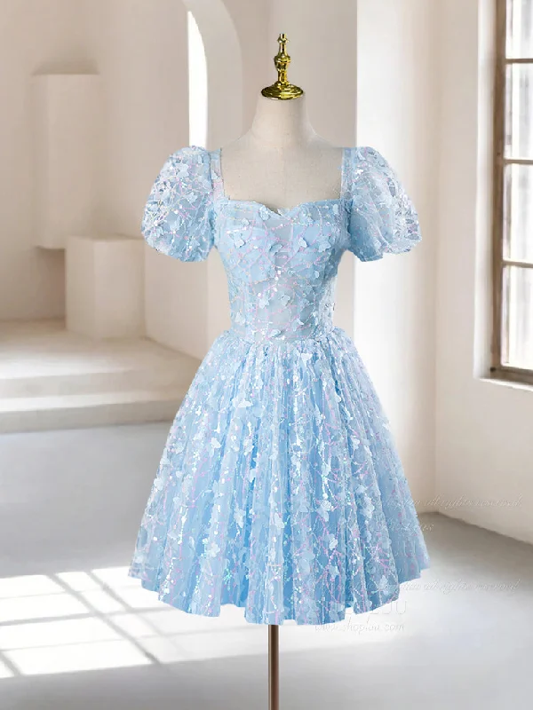 halter prom dressesA-Line Puff Sleeves Tulle Lace Blue Short Prom Dress, Blue Homecoming Dress