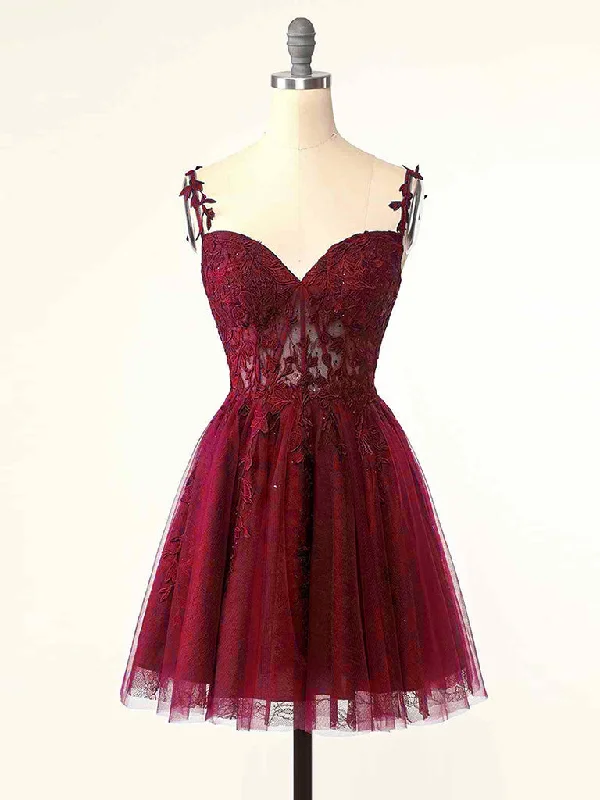 prom dress accessoriesBurgundy A-Line Tulle Lace Short Prom Dress, Cute Burgundy Homecoming Dress