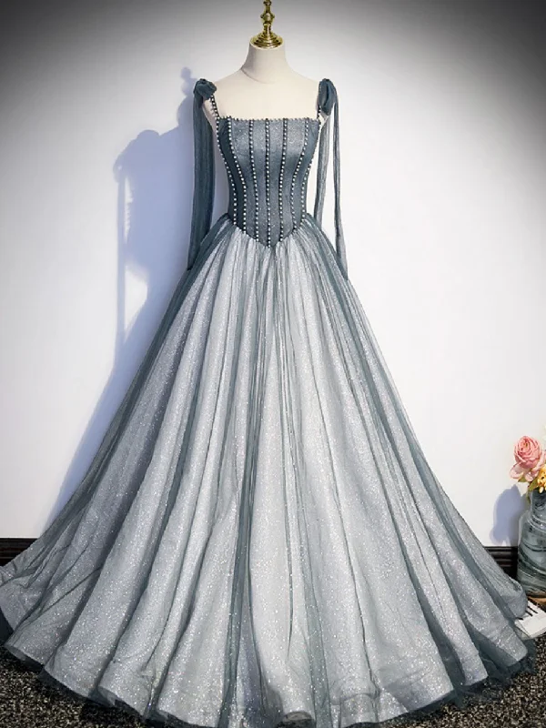 off-shoulder prom dressesA Line Gray Long Prom Dresses, Tulle Gray Formal Graduation Dress with Beading