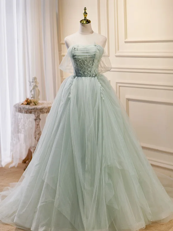 ball gown prom dressesA-Line Off Shoulder Tulle Green Long Prom Dresses, Green Formal Dress with Beading