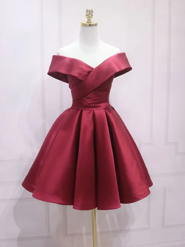 vintage prom dressesA-Line Off Shoulder Satin Burgundy Short Prom Dress, Burgundy Homecoming Dress