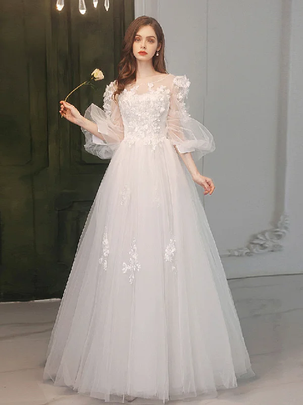 illusion neckline prom dressesA-Line Round Neck White Tulle Lace Long Prom Dress, White Formal Dress