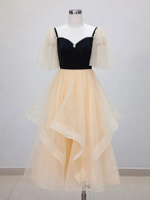 classic prom dressesChampagne A-Line Tulle Short Prom Dresses, Champagne Formal Dress