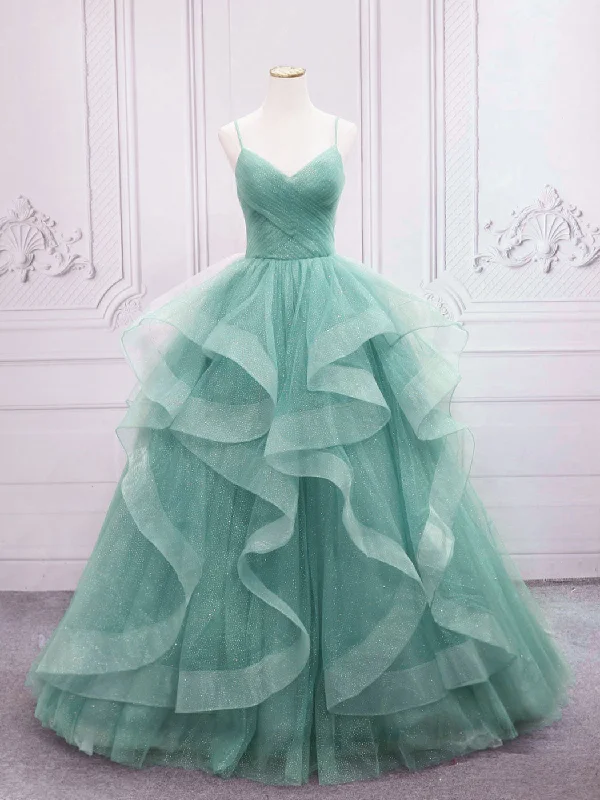 prom dresses for hourglass figuresGreen V Neck Tulle Long Prom Dress, Green Sweet 16 Dress