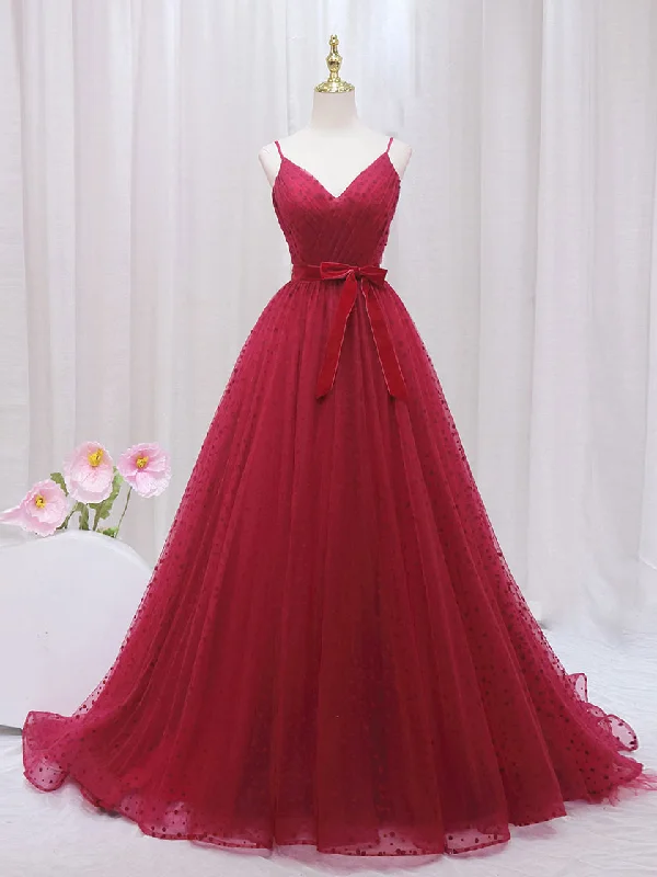 backless prom dressesA-Line V Neck Tulle Burgundy Long Prom Dress, Burgundy Formal Dresses