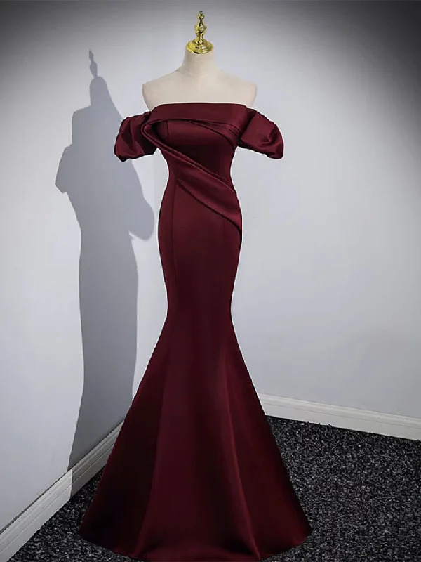 satin prom dressesMermaid off Shoulder Satin Burgundy Long Prom Dress, Burgundy Formal Dress