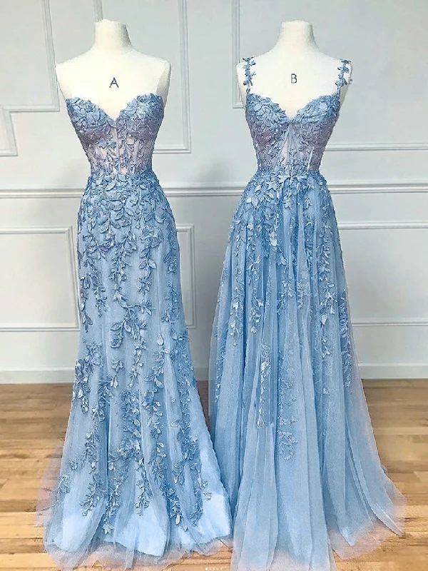 prom dresses with sheer overlaysBlue Sweetheart Neck Lace Long Prom Dresses, Blue Lace Graduation Dress