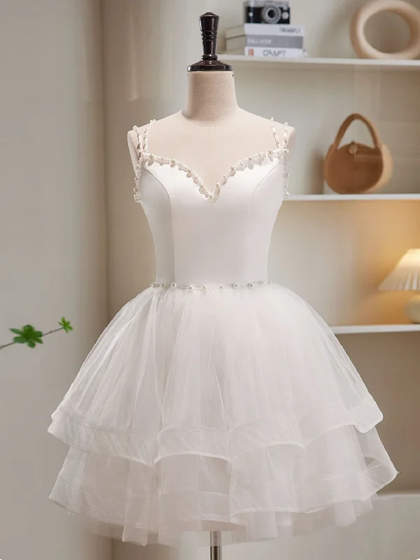 long prom dressesWhite Tulle Short Prom Dresses, Cute White Puffy Homecoming Dresses