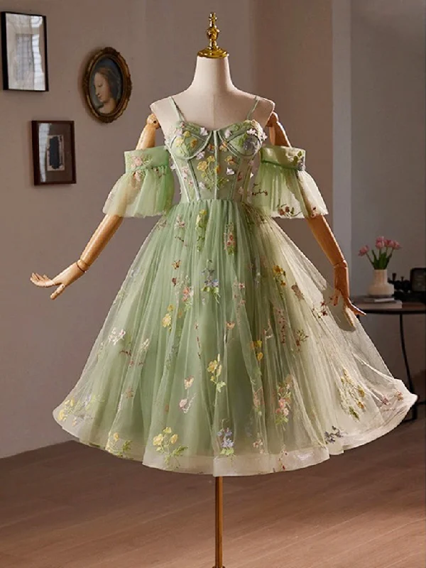 plus-size prom dressesA-Line Off Shoulder Sweetheart Neck Tulle Lace Green Short Prom Dress