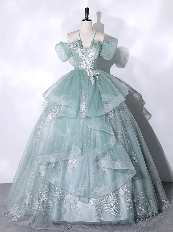 prom dresses for apple shapesGreen Tulle Lace Long Prom Dresses, Green Lace Long Sweet 16 Dress