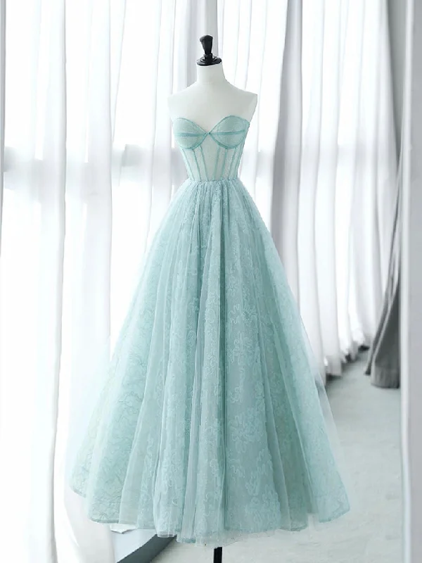 luxury prom dressesA-Line Sweetheart Neck Tulle Lace Blue Long Prom Dress, Blue Long Formal Dress