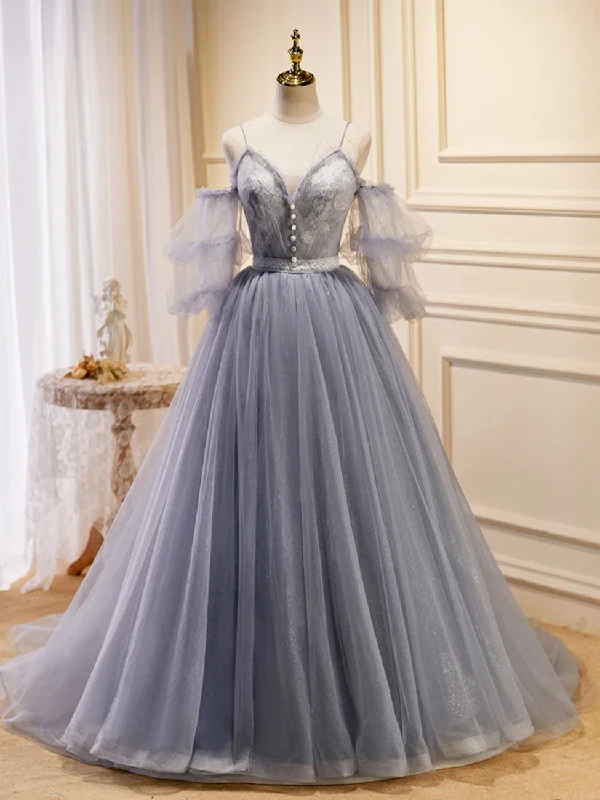 plus-size prom dressesGray Blue A-Line Tulle Lace Long Prom Dresses, Gray Blue Formal Graduation Dress