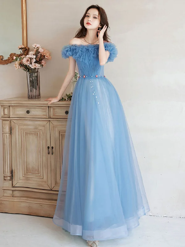 classic prom dressesA-Line Off Shoulder Tulle Blue Long Prom Dress, Blue Formal Dresses