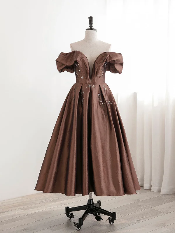 metallic prom dressesA-Line Tea length Brown Prom dresses, Off Shoulder Brown Formal Dress with Beading