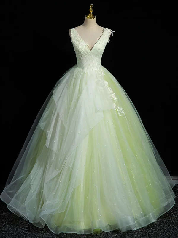 metallic prom dressesA-Line V Neck Lace Tulle Green Long Prom Dress, Green Sweet 16 Dress