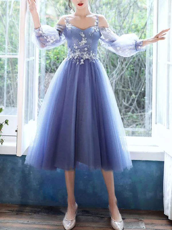 prom dresses for tall girlsBlue Tulle Long Sleeves Short Prom Dress, Blue Short Homecoming Dresses