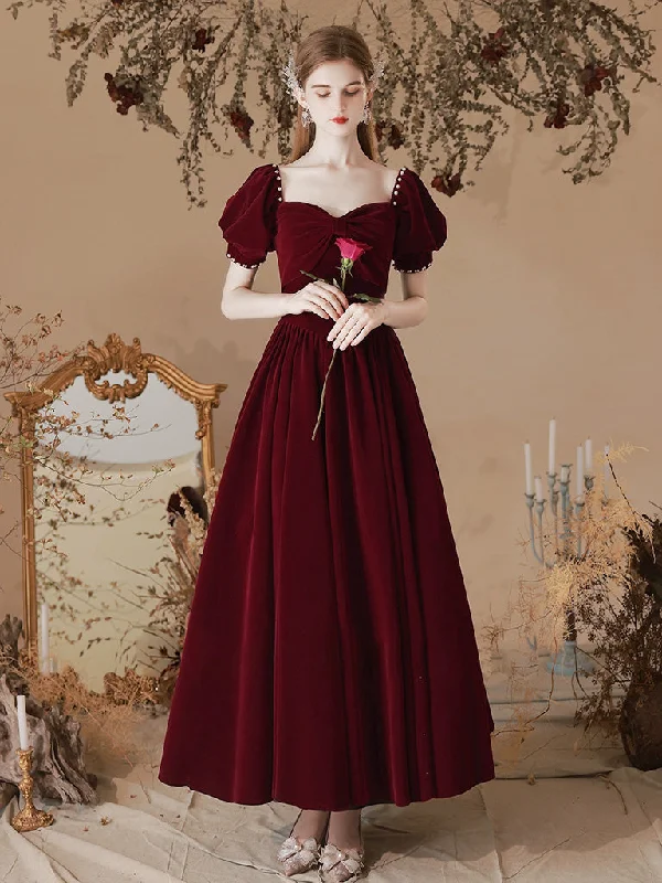 prom dresses with floral embroideryA-Line Velvet Tea Length Burgundy Prom Dress, Burgundy Formal Dress