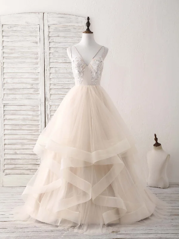 short prom dressesChampagne V Neck Tulle Lace Applique Long Prom Dress Sweet 16 Dress