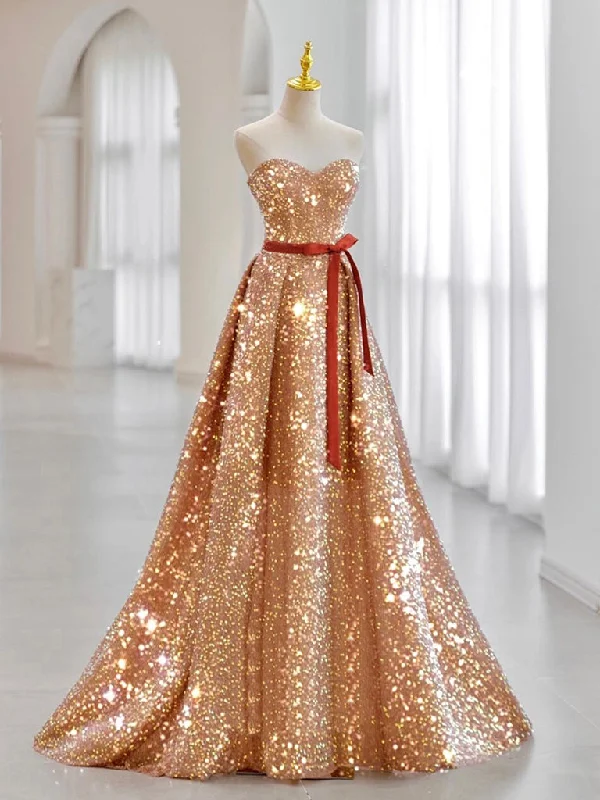 halter prom dressesA-Line Sweetheart Neck Velvet Sequin Champagne Gold Long Prom Dress