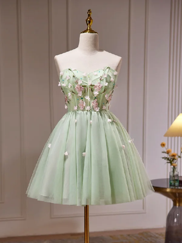 prom dresses with sheer overlaysA- Line Sweetheart Neck Tulle Green Short Prom Dress, Green Homecoming Dresses