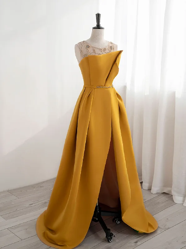 luxury prom dressesScoop Neckline Satin Yellow Long Prom Dresses, Yellow Formal with Beading Sequin