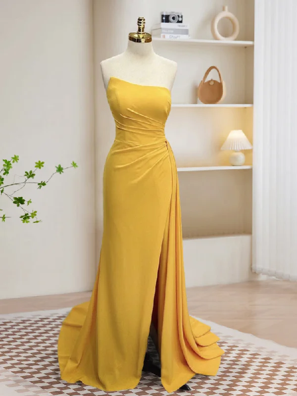 prom dresses with built-in petticoatsSimple Yellow Satin Long Prom Dress, Yellow Formal Dress