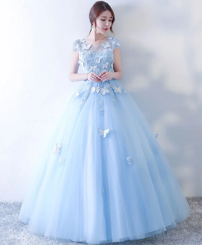 elegant prom dressesBlue Tulle Lace Long Prom Dress, Blue Sweet 16 Dress