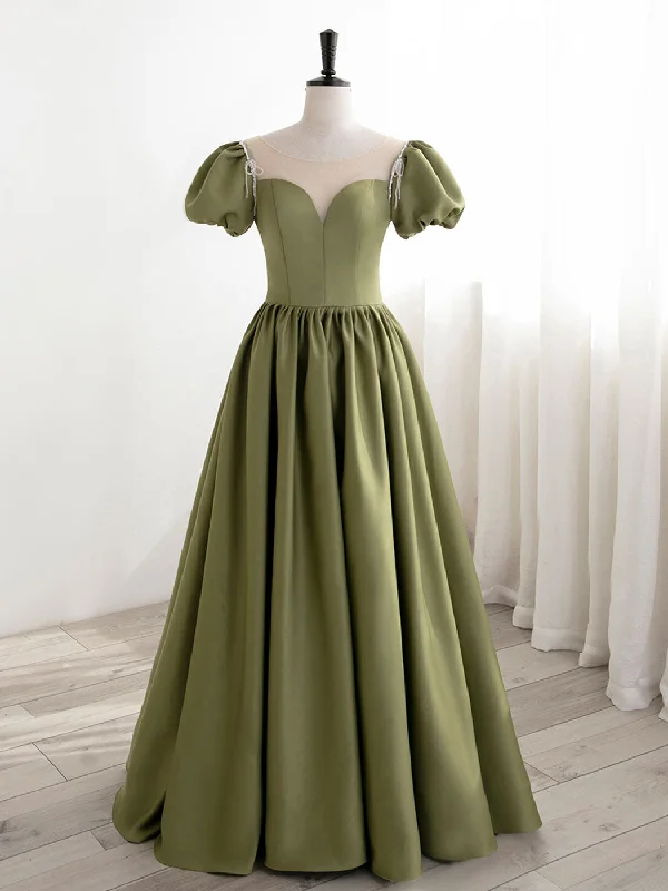 geometric print prom dressesGreen Puff Sleeves Satin Long Prom Dress, Green Long Formal Dresses