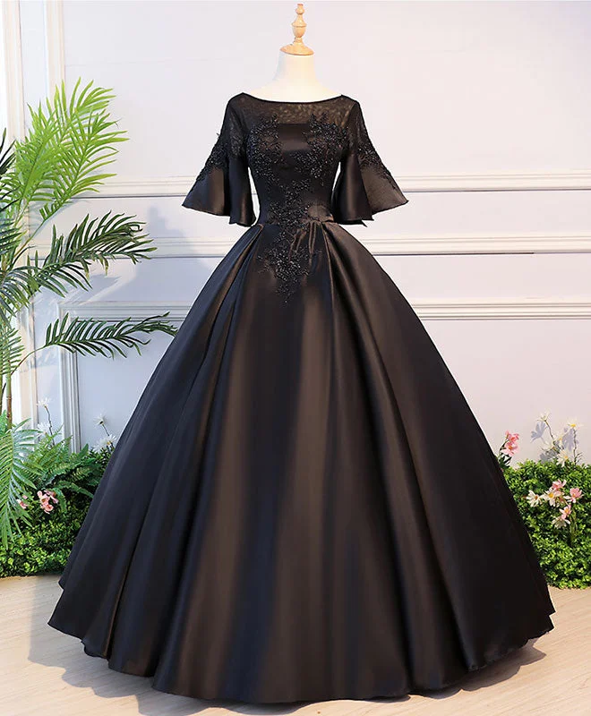 satin prom dressesBlack Round Neck Satin Lace Long Prom Dress, Sweet 16 Dress