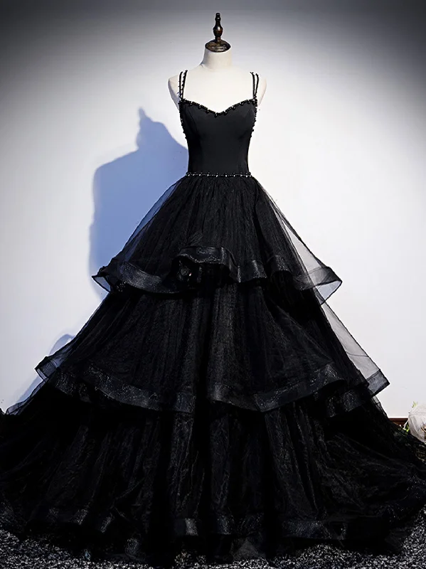 prom dresses with detachable sleevesBlack V Neck Tulle Long Prom Dress, Black Formal Graduation Dress with Beading