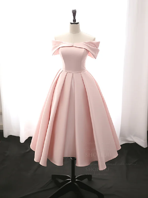 prom dresses for plus-size figuresA-Line Off Shoulder Satin Tea Length Pink Prom Dress, Pink Formal Dress