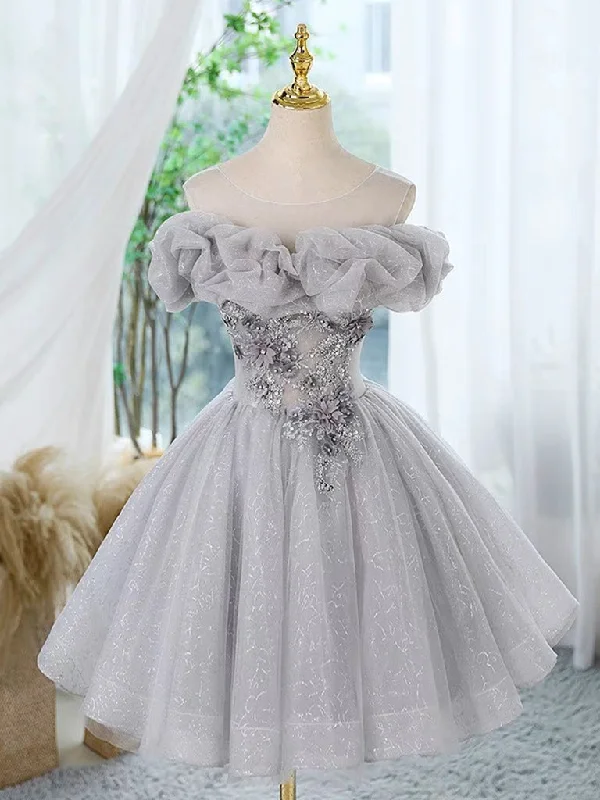 lace-up prom dressesA-Line Scoop Neckline Off Shoulder Tulle Gray Short Prom Dress with Lace Beads