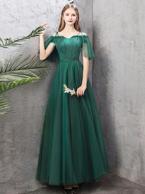 luxury prom dressesA-Line Off Shoulder Green Tulle Long Prom Dress, Green Formal Dresses