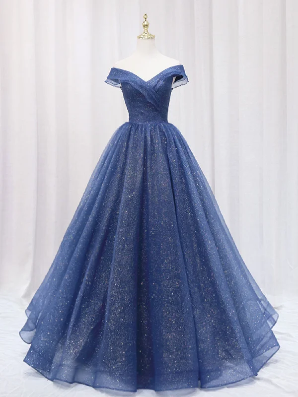 chiffon prom dressesA-Line Off Shoulder Dark Blue Long Prom Dress, Shiny Tulle Long Graduation Dress