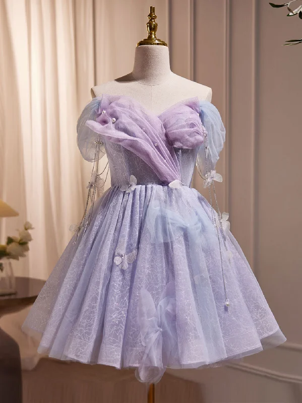 ready-to-wear prom dressesPurple Off Shoulder  Tulle Short Prom Dress, Purple Homecoming Dress