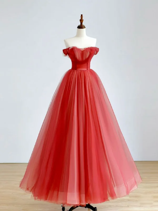 prom dress cleaningRed A-Line Long Prom Dress, Red Tulle Formal Graduation Dresses