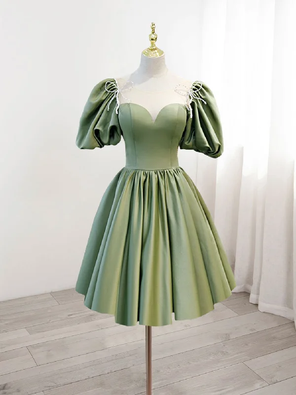 prom dresses with lace appliquésA-Line Green Puffy Sleeve Satin Short Prom Dress, Green Short Formal Dress