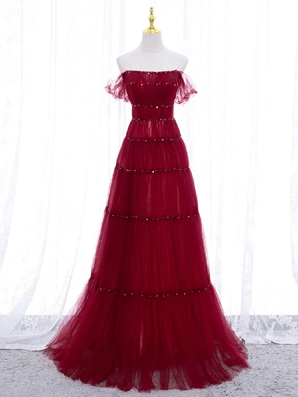 dark prom dressesBurgundy Off Shoulder Long Prom Dress, Burgundy Formal Dress with Beading Sequin