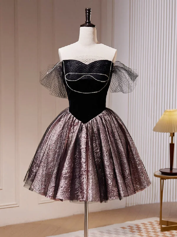 prom dresses with illusion panelsBlack Off Shoulder Tulle Short Prom Dress, Black Homecoming Dress