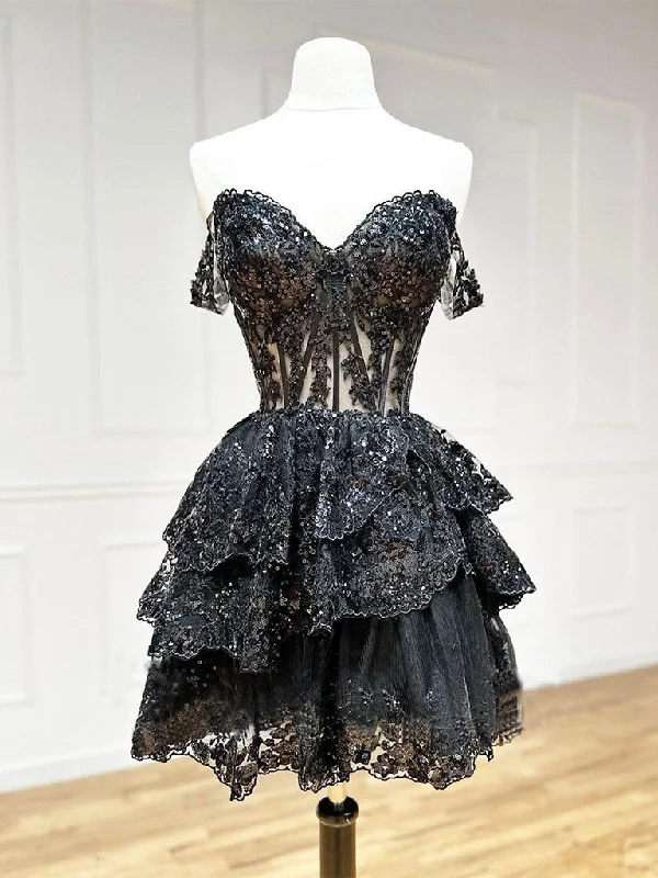 prom dress preservationBlack A-Line Sequin Tulle Short Prom Dress, Black Homecoming Dress