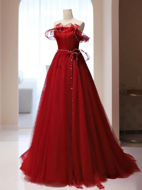 mid-length prom dressesBurgundy A-Line Tulle Long Prom Dress, Burgundy Tulle Formal Dress