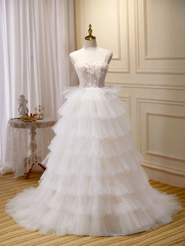 prom dresses for short girlsBall-Gown/Princess Tulle White Long Prom Dresses With Beading Flower Cascading Ruffles