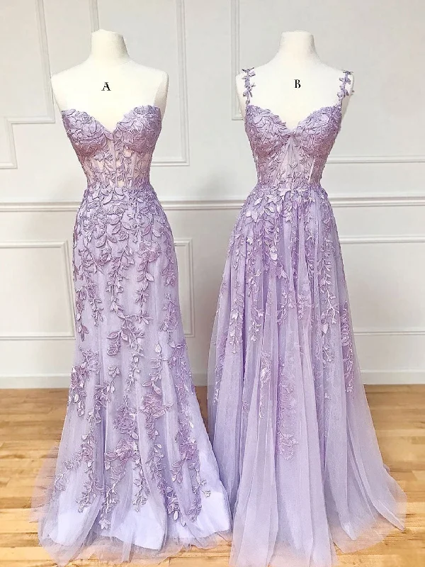 prom dresses for fallPurple Sweetheart Neck Lace Long Prom Dresses, Purple Lace Graduation Dress