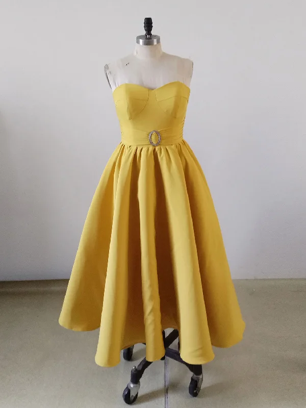 ball gown prom dressesYellow Sweetheart Neck Satin Tea Length Prom Dress, Yellow Formal Dress