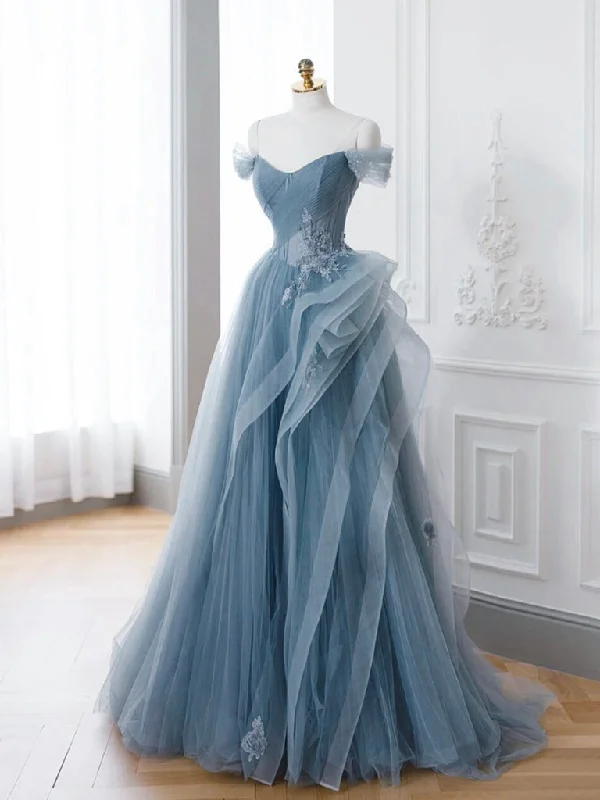 budget-friendly prom dressesA-Line off Shoulder Tulle Lace Gray Blue Long Prom Dress, Blue Long Formal Dress