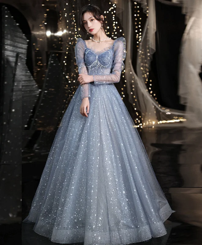 prom dresses with beaded accentsBlue Tulle Beads Long Prom Dress, Blue Sweet 16 Dress with Beading Sequin