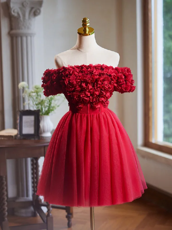 ready-to-wear prom dressesA-Line Tulle Lace Applique Red Short Prom Dress, Red Homecoming Dress