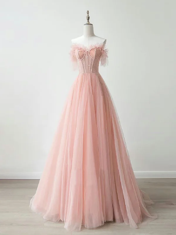 sleeveless prom dressesA-Line Sweetheart Neck Tulle Lace Pink Long Prom Dress, Pink Formal Dress