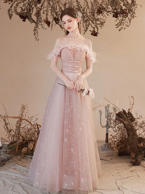 prom dresses for curve-hugging figuresA Line Pink Long Prom Dresses, Off Shoulder Pink Formal Dress with Beading Flowers