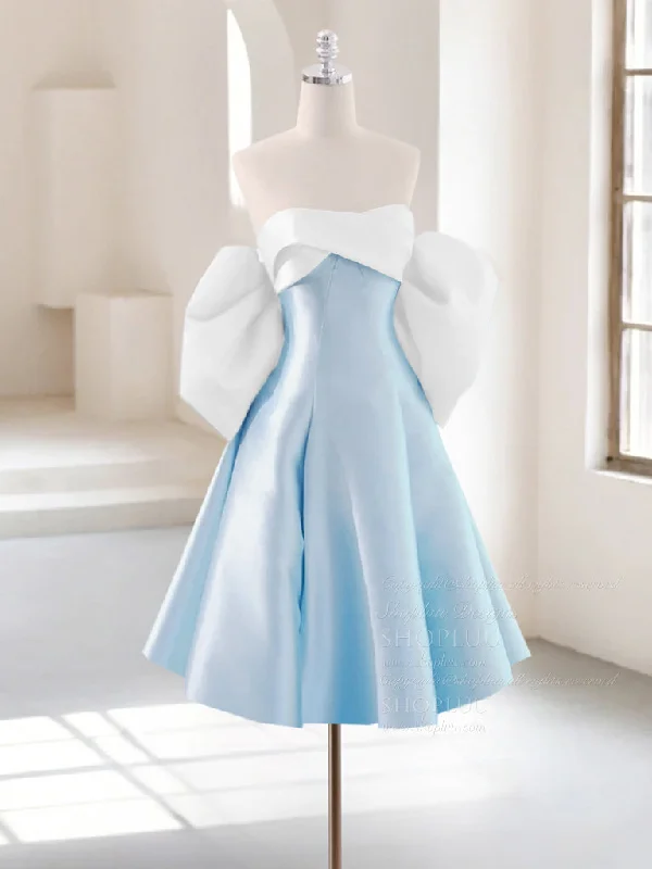 bodycon prom dressesA-Line Sweetheart Neck White/ Blue Short Prom Dress, Cute Homecoming Dress